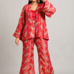 Red Shirt Collar Blazer Jacket with Top & Trouser Set