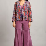 Purple Jacket with Top and Trouser – 3-Piece Multicolor Embroidered Crepe Set