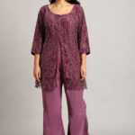 Purple Net Peplum Top with Crepe Trouser Set– Handcrafted Katdana Work 2-Piece Set