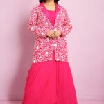 Hot Pink Draped Skirt with Blouse and Organza Jacket