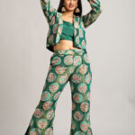 Green Short Jacket with Top and Trouser – 3-Piece Mirror Work Embroidered Set