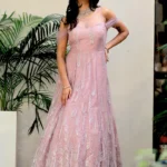 Elegant Powder Pink Western Gown with Sequin Embroidery