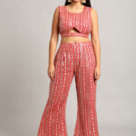 Red Embroidered Crop Top with Trouser– Elegant 2-Piece Set
