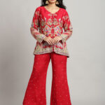 Red Peplum Top with Trouser– Elegant Chiffon Embroidered Set