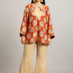 Rust Color Peplum Top with Trouser– 3-Piece Crepe Set with Mirror Work