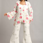 White Peplum Top with Trouser– Elegant 3-Piece Set with Sequin & Floral Motifs