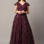 Designer Wine Party Wear Gown for Women with Intricate Katdana Embellishments